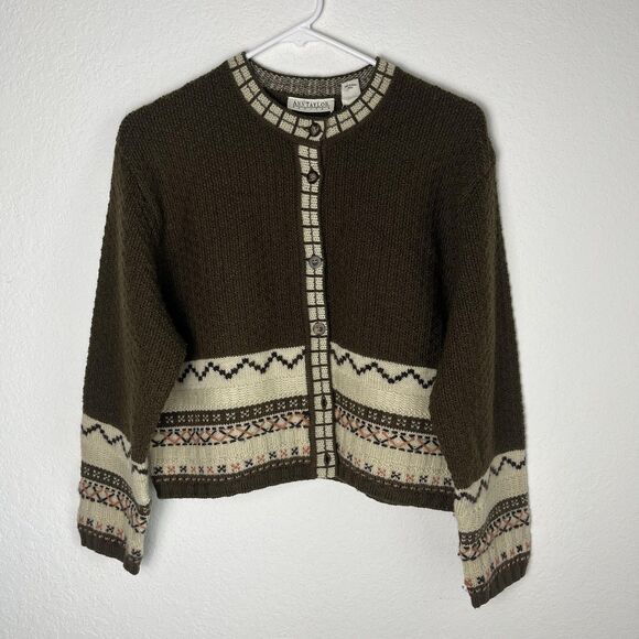 Ann Taylor Vintage Sweater Womens Petite L green Wool Fair Isle Knit Cardigan PL - Picture 1 of 6